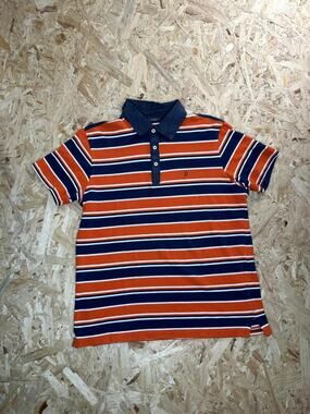 Fernando Pena Platinum Polo Shirt Mens Medium Orange Navy Blue Striped Cotton